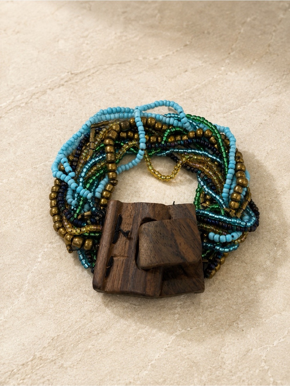 Beaded Multistrand Bracelet with Wood Toggle - Turquoise & Olive